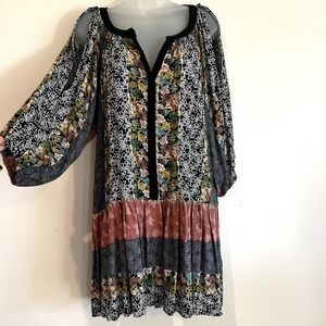 Love Floral Tunic Dress Sz L Patchwork Hippie Balloon Sleeve Cold Shoulder